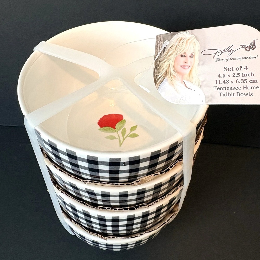 Set of 4 Dolly Parton Tennessee Home Tidbit Bowls Black White Gingham Red Flower